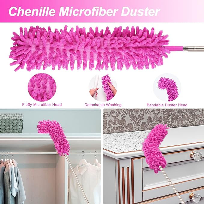 Microfiber Dusters for Cleaning, Feather Dusters with Extension Pole, Bendable & Washable Dusters for High Ceiling Fan, Blinds, Cars, Furniture, Cleaning Tools Kit Pink Gift for Women (15 PCS)