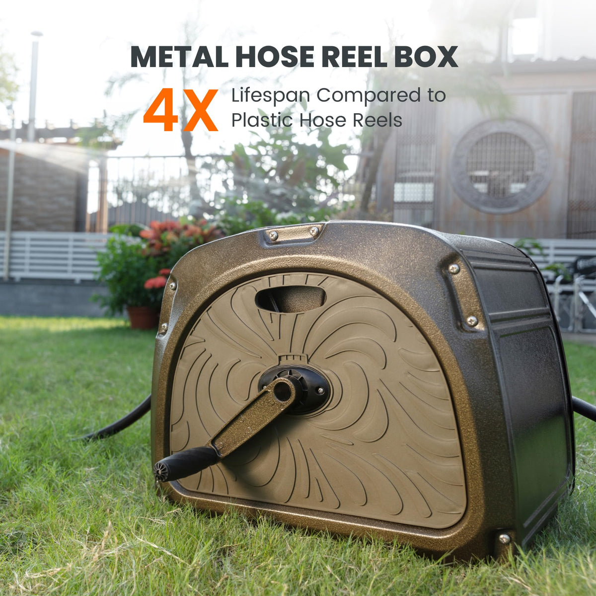 Giraffe Tools SW5 Metal Hose Reel Box, Heavy Duty Garden Hose Storage Reel Hideaway, Crank Handle, 150ft 5/8" Hose Capacity, Green
