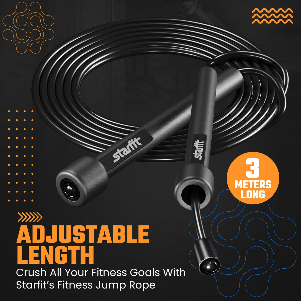 STARFIT Adjustable Lightweight Jump Rope - Tangle-Free Design for Cardio, HIIT, and Endurance Training - Durable Fitness Skipping Rope for All Levels.