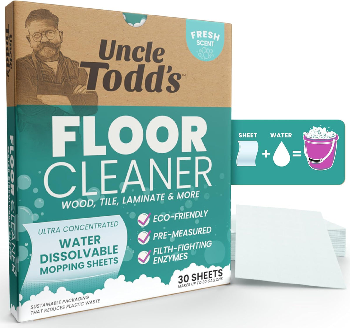 Uncle Todd's Ultra Concentrated Floor Cleaner For Mopping: 30 Natural, 100% Dissolvable Sheets for Mopping â Hardwood & Wood Floor Cleaner with Filth-Fighting Enzymes, Plastic-Free Packaging