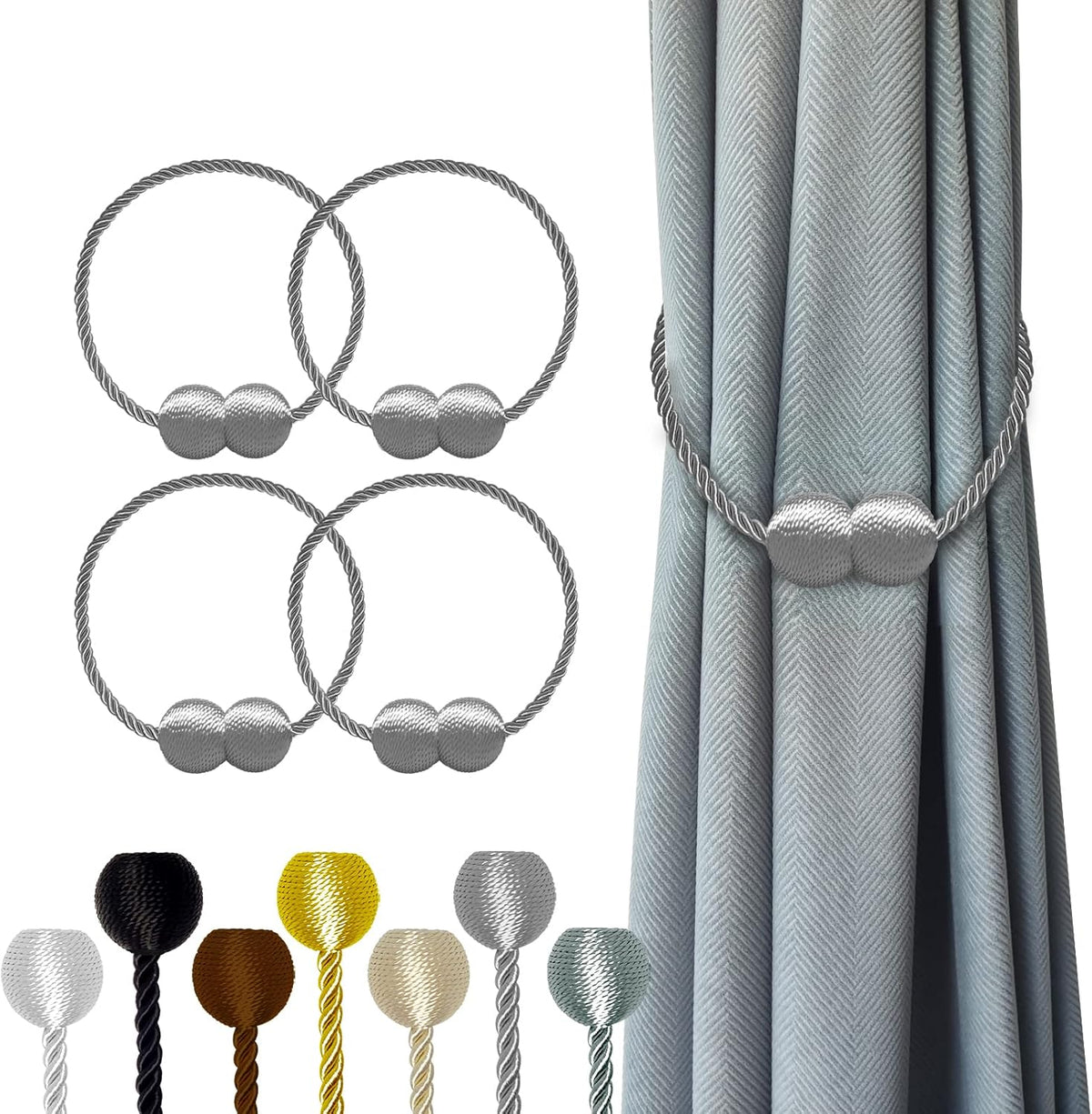 Hion Magnetic Curtain Tiebacks Grey 4 Pack, Curtain Tiebacks Buckles Holdbacks Holders Hooks Clip for Home Bedroom Office Decorative Thick or Thin Curtain