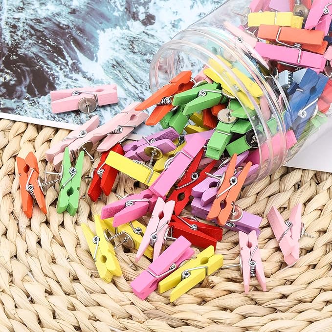 50Pcs Wooden Clips Push Pins Tacks for Cork Board Artwork for Crafts Arts Projects Photo Supplies(Colorful)
