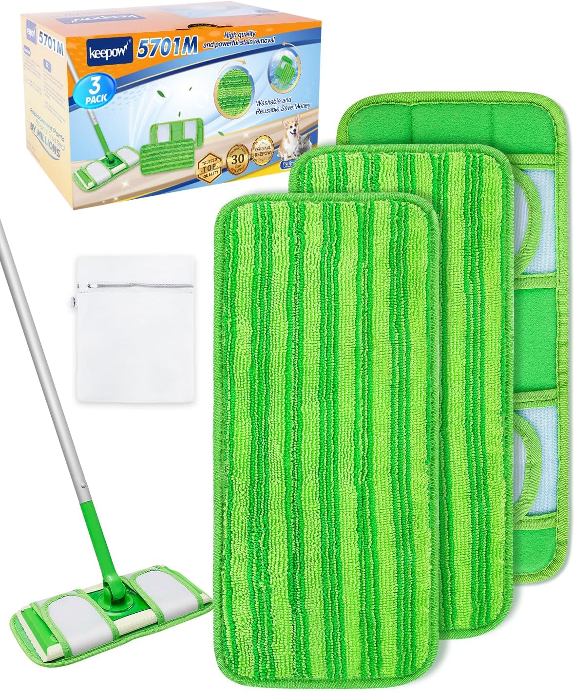 Keepow Reusable Mop Pads Refills Compatible with Swiffer Sweeper and Sweep & Mop Deluxe, Microfiber Wet Mopping Cloths Dry Sweeping Floor Cleaning Mop Pad Refill, Mop Head Replacements Part 3 Pack