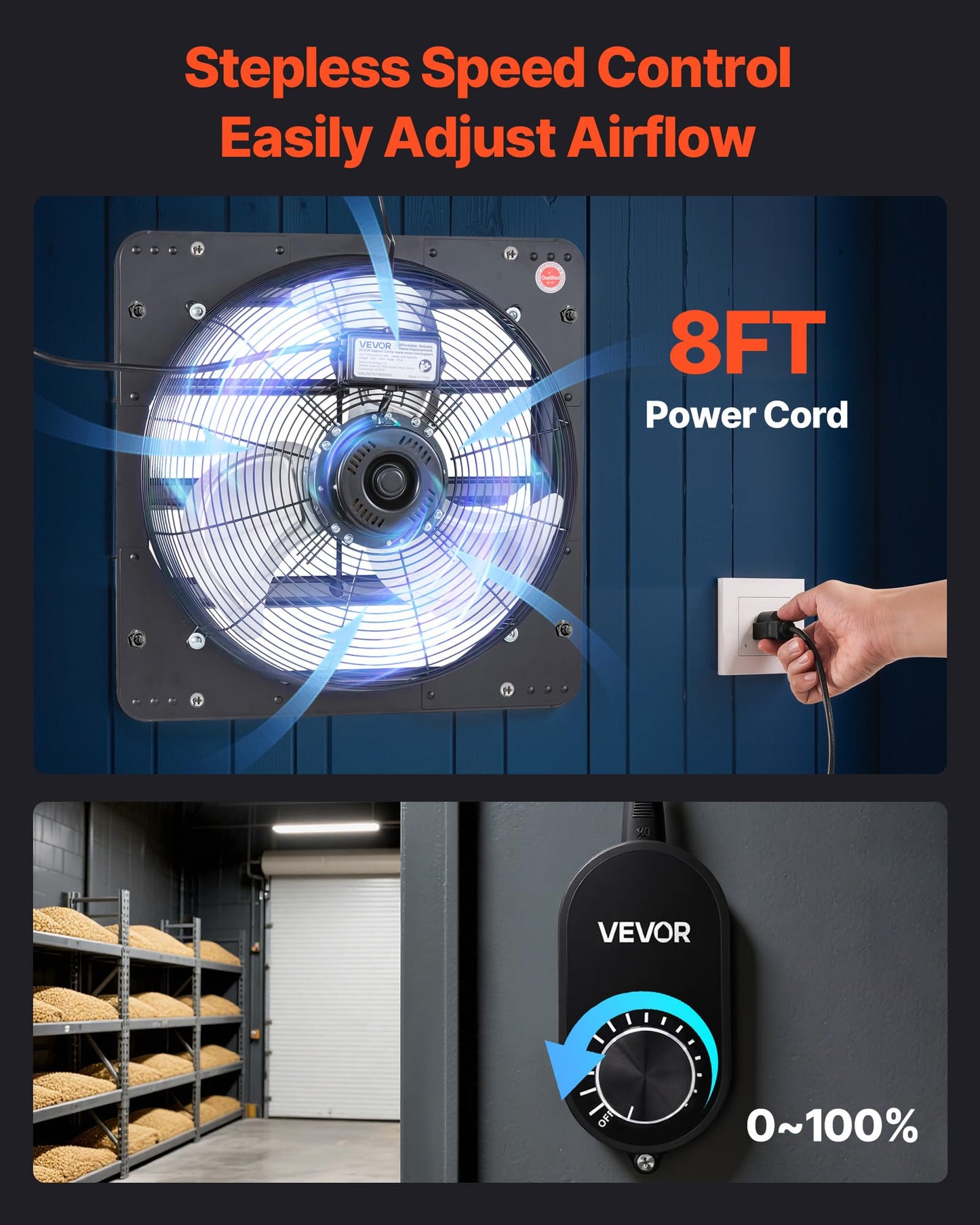VEVOR 14'' Exhaust Fan, Wall Mounted Attic Fan with Variable Speed controller, 1400 CFM, Automatic Shutter, Ventilation and Cooling, Black