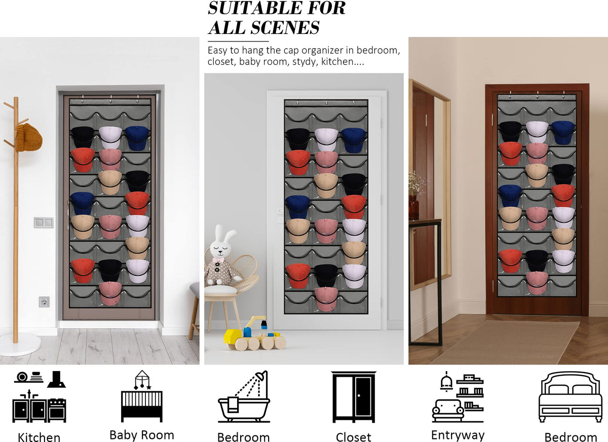 27 Pockets Hat Rack For Baseball Caps Hanging Hat Organizer Over The Door Hat Storage Organizer For Closet Wall With Large Clear Pockets & 3 Hooks Caps Hat Holder Hanger for Baseball & Sport Caps