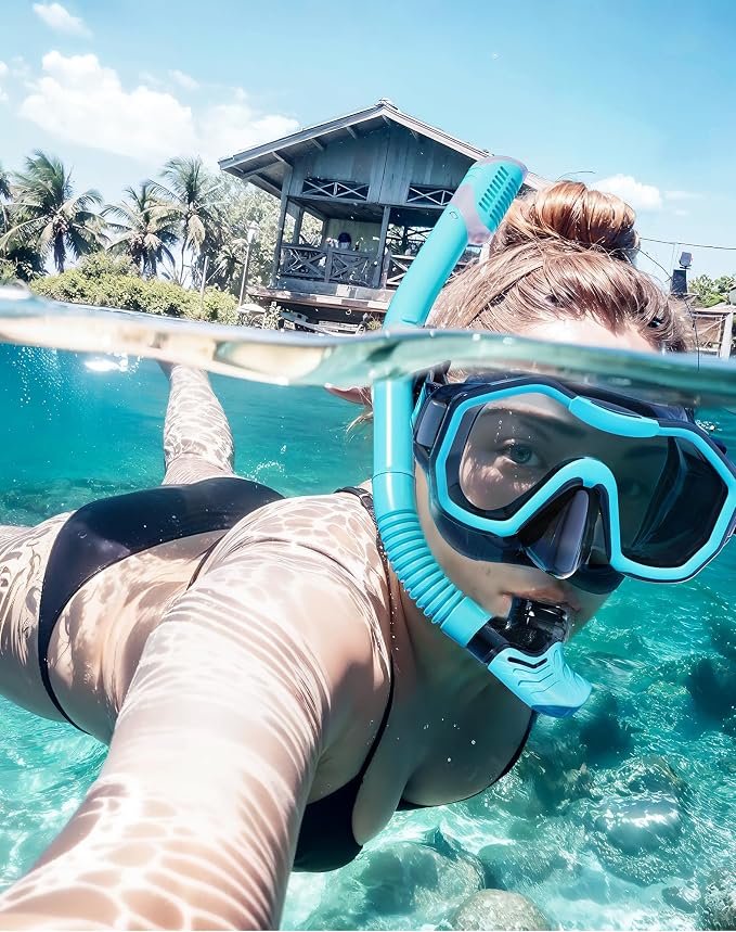 Snorkeling Gear for Adults Kids, Dry-Top Snorkel Set, 180°Panoramic Wide View Diving Mask Breathing Freely Snorkel Mask for Snorkeling Scuba Diving Swimming Travel