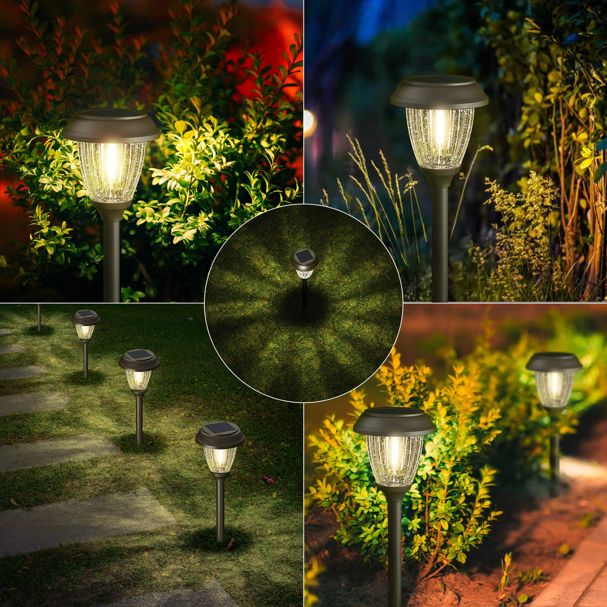 XMCOSY+ Solar Lights Outdoor 10/25 LM LED with 2 Lighting Modes, Solar Garden Lights Glass and Metal, IP65 Waterproof Solar Powered for Yard Pathway Walkway Driveway Patio (6 Pack, Warm White)