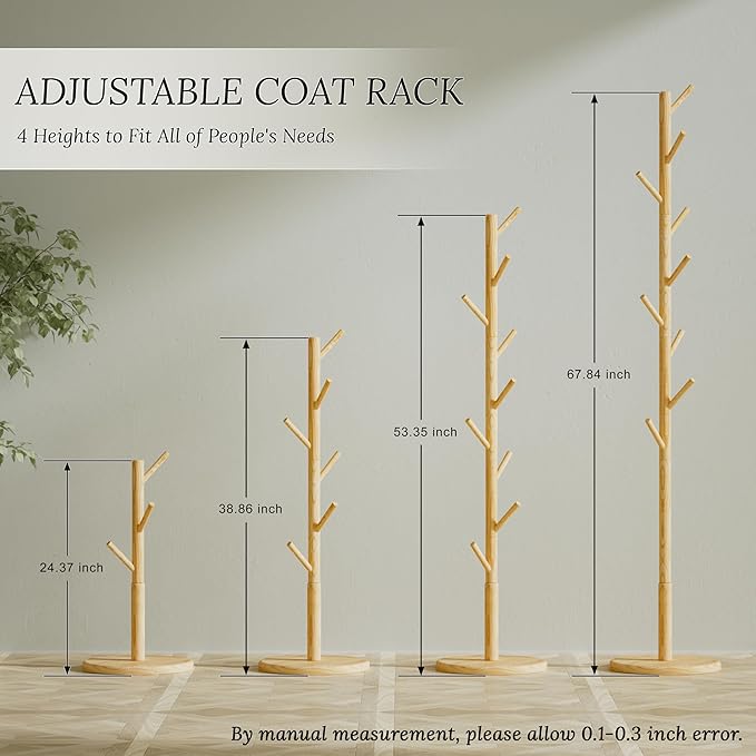 Wooden Coat Rack Freestanding with Round Base, Adjustable 4 Heights Sturdy Coat Hanger Stand 9 Hooks for Hanging Bags, Hats, Save Space Coat Tree for Narrow Place, Entryway, Bedroom, Office (Natural)