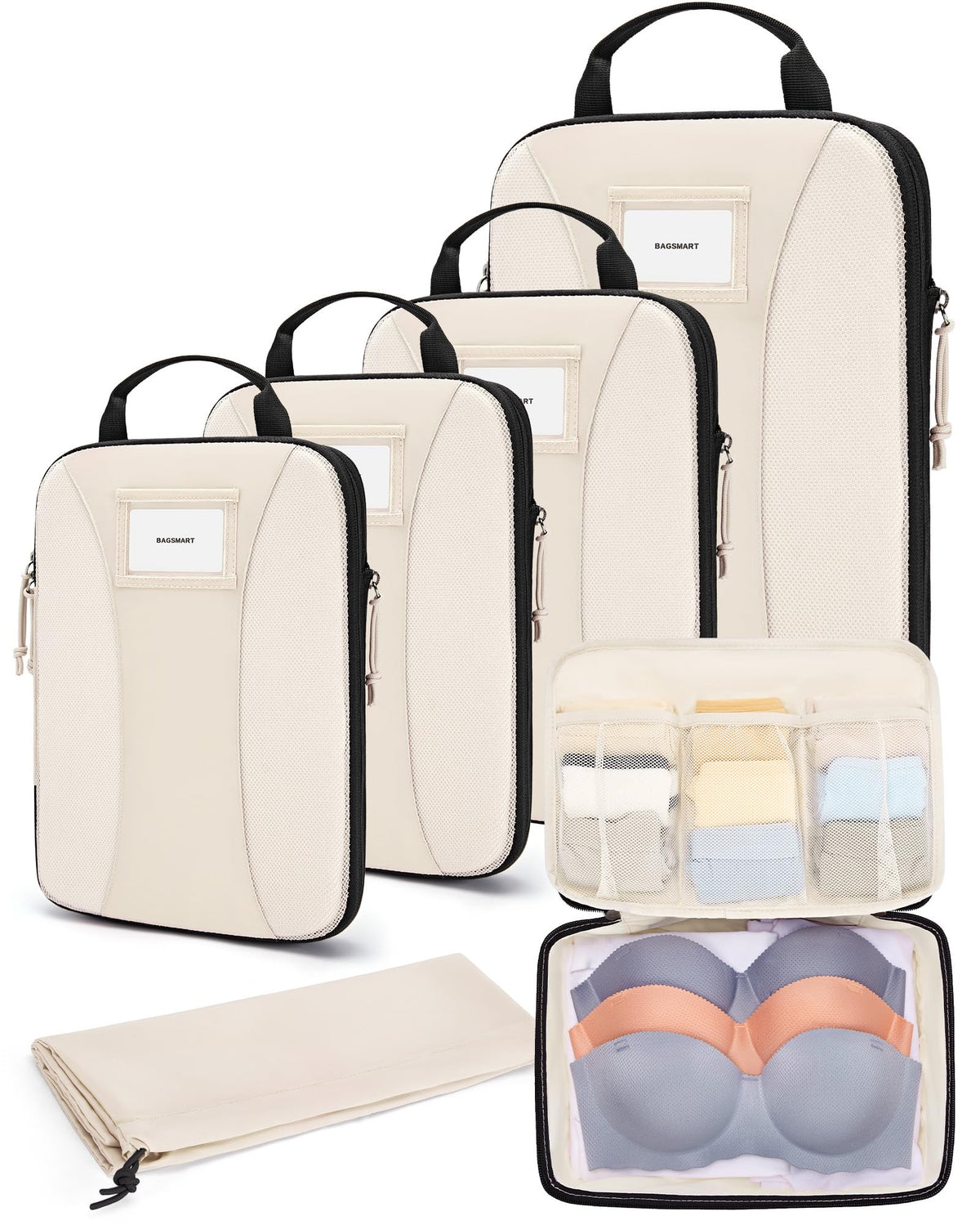 BAGSMART Compression Packing Cubes, 6 PCS Packing Cubes for Suitcases, Travel Bags Organizer for Luggage, Lightweight Packing Cube for Travel Essentials, Beige