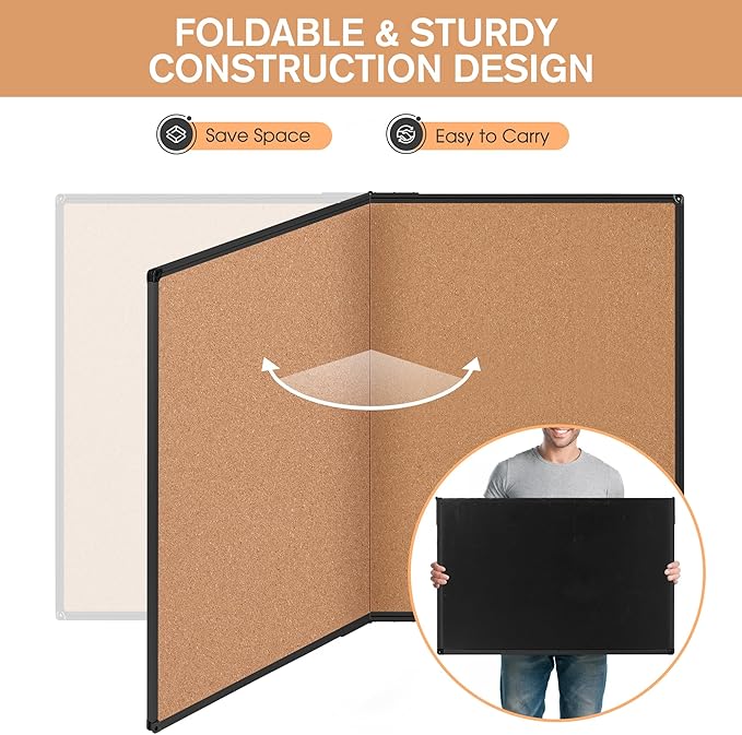 Board2by Extra Large Cork Bulletin Board 48" X 48", Foldable Notice Pin Board for Wall, Black Aluminum Framed 4'x4' Corkboard, Wall Mounted Noticeboard with 36 Push Pins for School, Home & Office