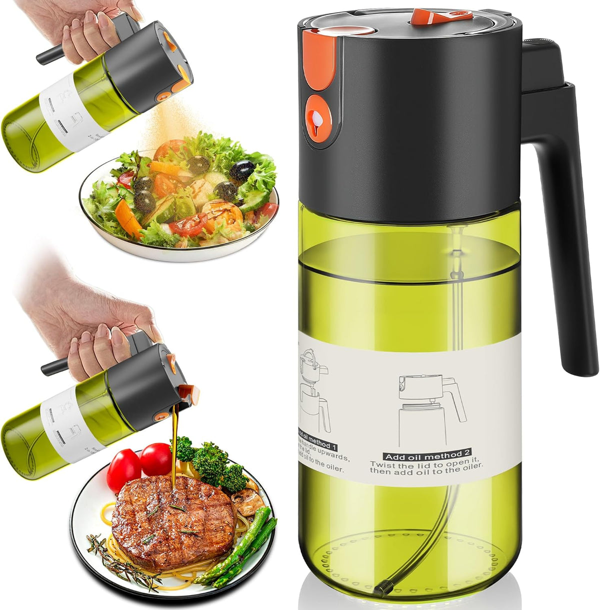 Upgrade 2 in 1 Oil Sprayer for Cooking, 17oz Light-Blocking Glass Olive Oil Dispenser Bottle for Kitchen,Food-Grade Oil Mister with 8 Stickers for Salad, Frying (Green Bottle-Black Cap)