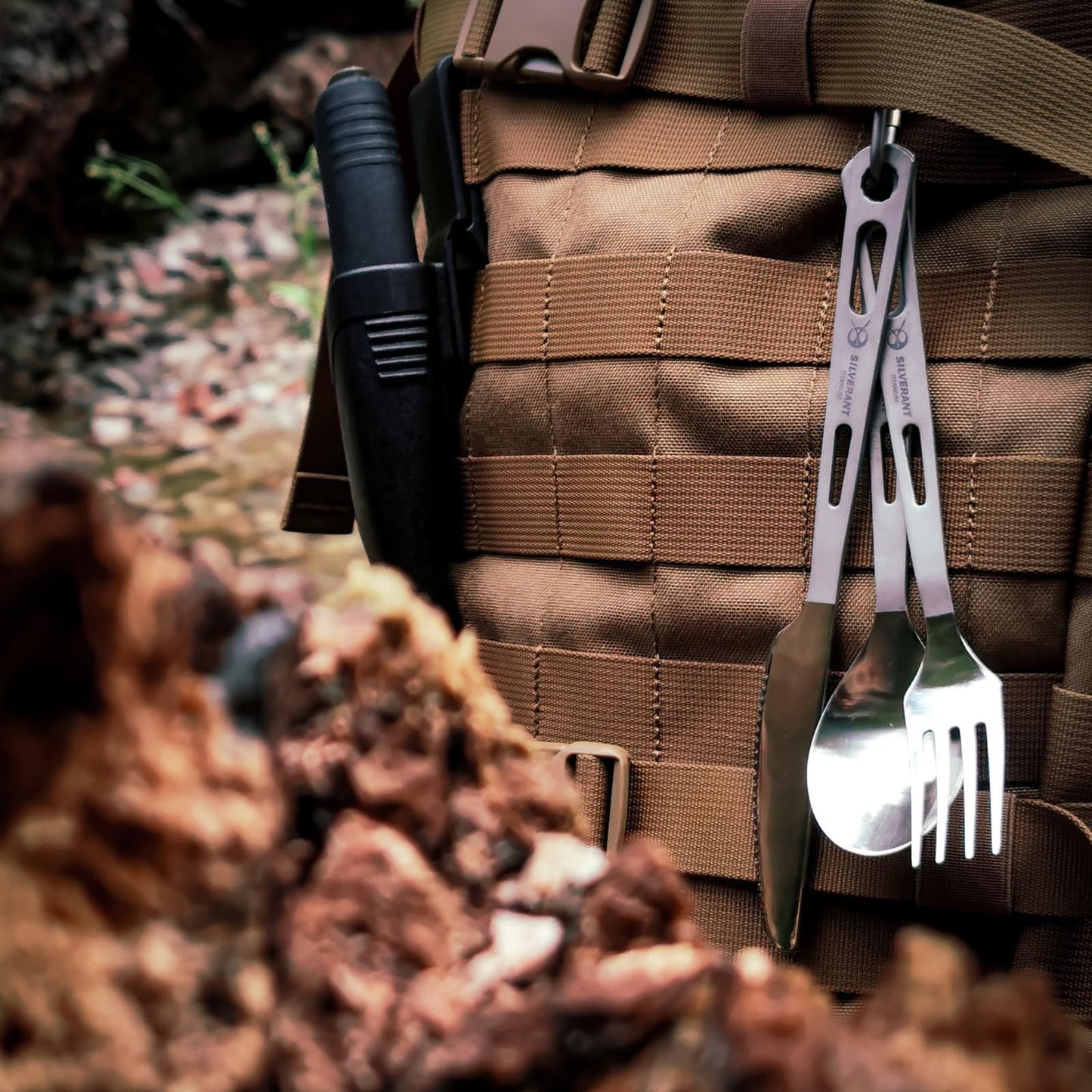 SILVERANT Titanium Camping Flatware, Knife Fork & Spoon 3 Piece Camping Cutlery Set Lightweight Tableware for Lunch Box Outdoor Camping & Hiking, Comes with Drawstring Bag & Carabiner- Polished