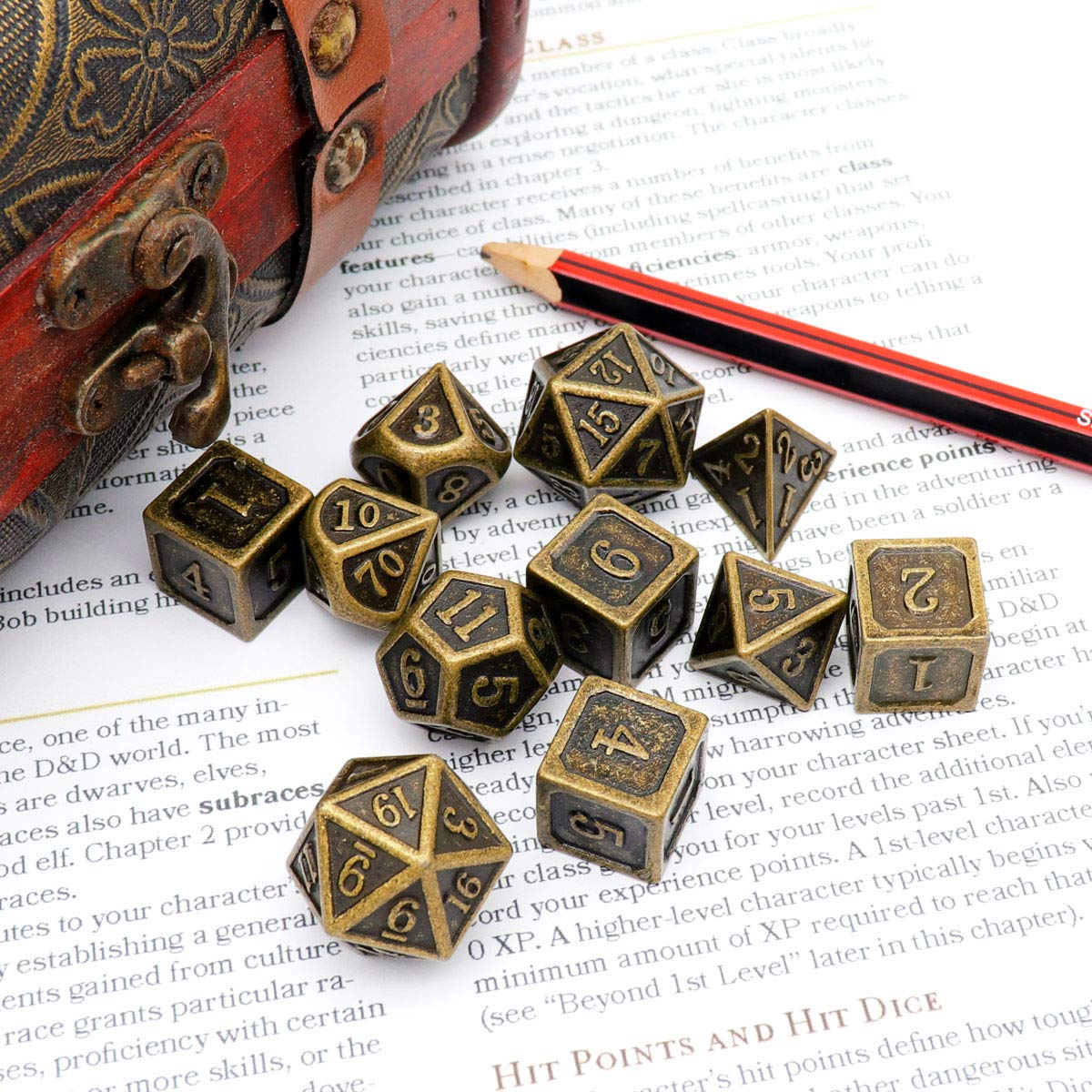 Haxtec 11 Pieces Metal DND Dice Set D&D Extra D6 D20 Ancient D&D Dice for Dungeons and Dragons TTRPG Games-Antique Bronze 11PCS