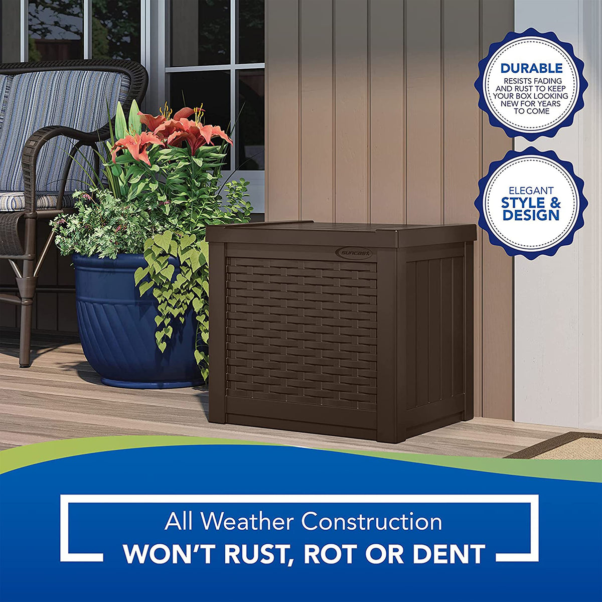 Suncast 22-Gallon Small Deck Box - Lightweight Resin Storage Container and Seat for Patio Cushions and Gardening Tools - Store Items on Patio, Garage, 22.5"L x 17"W x 22.5"H, Yard - Java Brown
