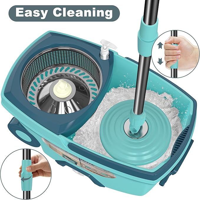 Spin Mop and Bucket System, Mop and Bucket with Wringer Set,Mops for Floor Cleaning,Household Supplies Tools with 3 Replacement Refills,61" Extended Handle for Household Hardwood Floor - Green