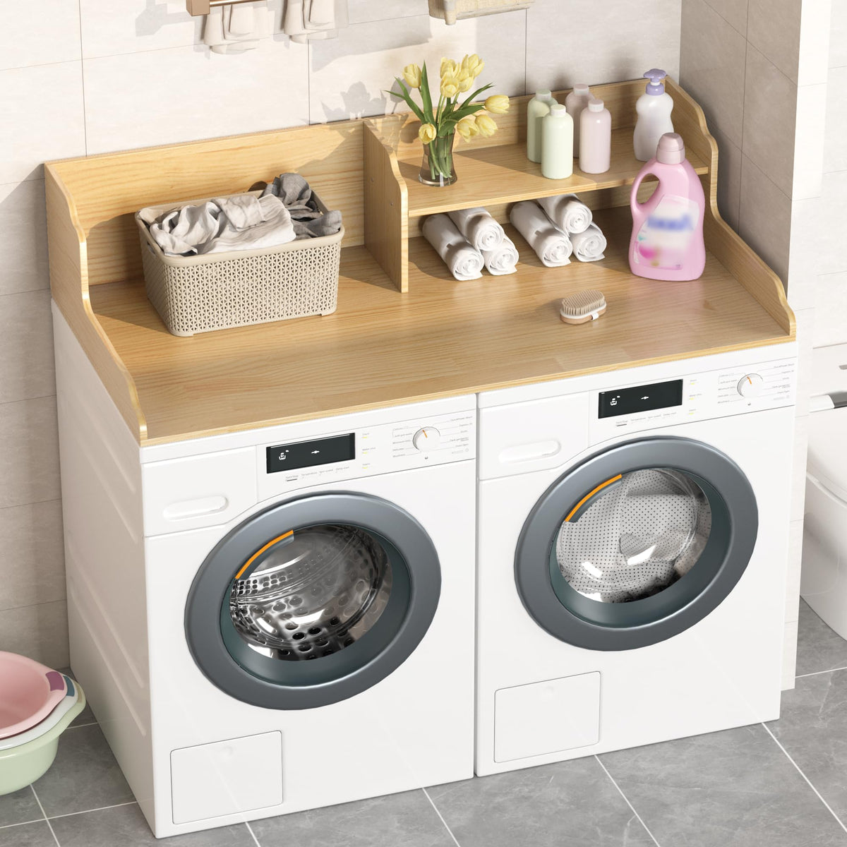 YEMNMFH 2-Tier Washer Dryer Countertop - 54” W x 27.5” D Laundry Room Organization and Storage, 100% Solid Wooden Washer and Dryer Topper, Space-Saving Laundry Countertop with Anti-Slip Pads, Natural
