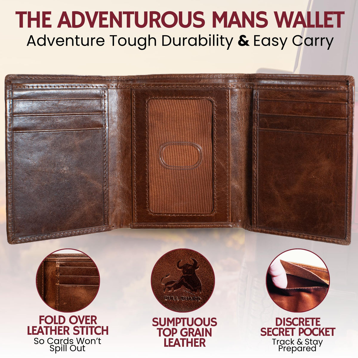 BULL GUARD Best Leather Men's RFID Trifold Wallet With ID Great Outdoor Wallet