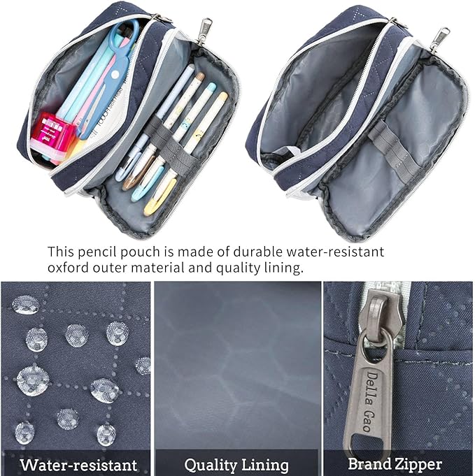 Della Gao Pencil Case Large Capacity Pencil Pouch Soft Quilted Pen Bag Office Stationery Organizer Sturdy Pencil Bag for Men Women - Dark Blue