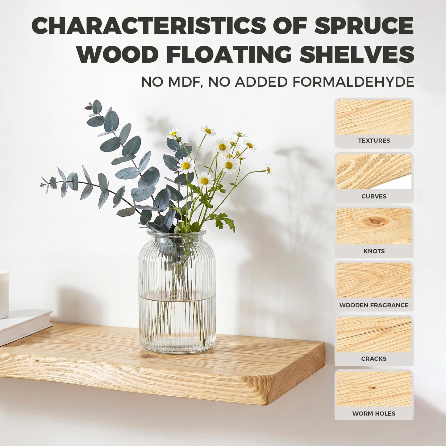 48 Inch Floating Shelves for Wall Decor, 88lbs Solid Spruce Wood Live Edge Floating Shelves, 8" Deep Rustic Wall Shelf for Bathroom Kitchen Bedroom Living Room, Invisible Bracket, Natural(Set of 1)