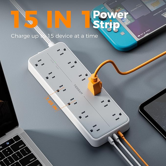 Surge Protector Power Strip, TESSAN Extension Cord with Multiple Outlets, 12 AC Outlets, 3 USB Ports(1 USB C), Flat Wall Plug, 5 Ft, 1700 Joules Protection for Home Office Dorm Room Essentials