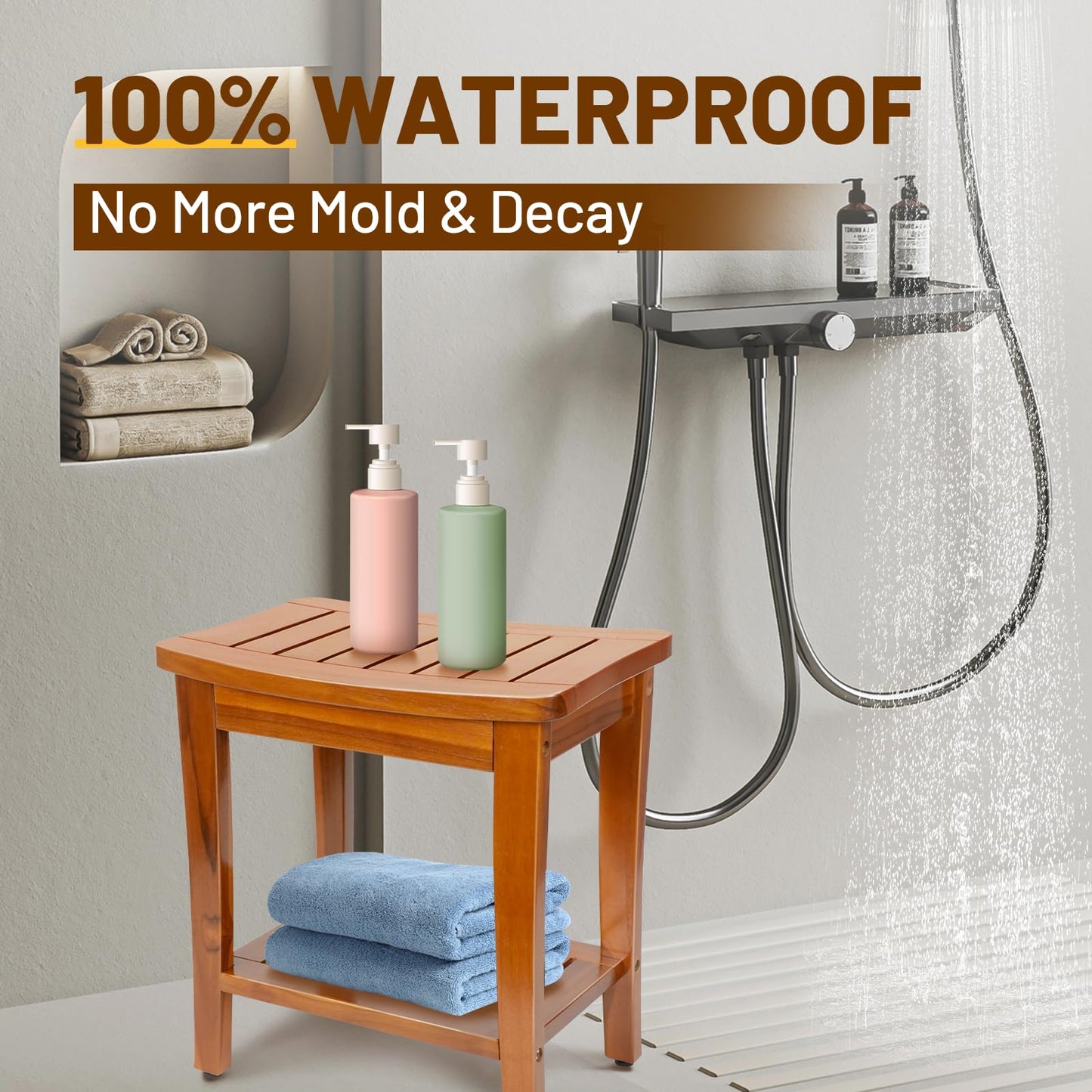 16" Compact Teak Shower Bench with Shelf, Premium Teak Shower Stool, Durable Waterproof Seat for Inside Shower, Solid Teak Wood Bench for Bathroom, Indoor & Outdoor Use