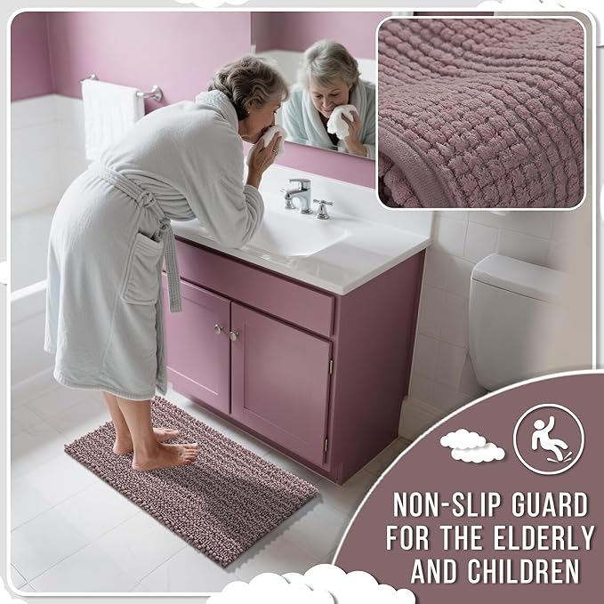 Yimobra Long Bathroom Rugs Non Slip Washable 44x24 Inch - Ultra Soft Absorbent Chenille Bath Mat, Quick Dry Shaggy Floor Carpet for Tub Shower, Mauve Home Decor Accessories