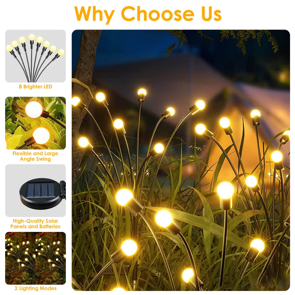 Solar Garden Lights, 8 Pack 64LED Solar Firefly Lights, Waterproof Garden Light Outdoor with 2 Lighting Modes, Swaying Light for Outside Yard, Walkway, Patio, Lawn, Flower Bed Decoration (Warm White)