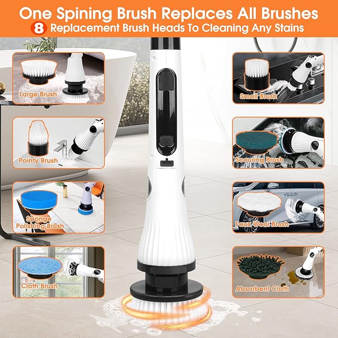 Electric Spin Scrubber, Cordless Cleaning Brush, 54" Extendable Handle Shower Cleaner Brush - 6 Adjustable Angles, 8 Brush Heads & 2 Speeds, Shower Scrubber for Bathroom Bathtub Tile Floor