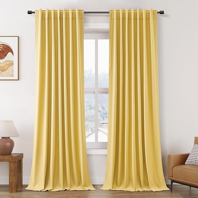 Gold Yellow Linen Curtains 120 Inches Long Back Tab Rod Pocket Thermal Insulated Noise Reducing Extra Long 10 FT Room Darkening 2 Panels Set for Living Room Elegant Modern Curtains Drapes 52x120