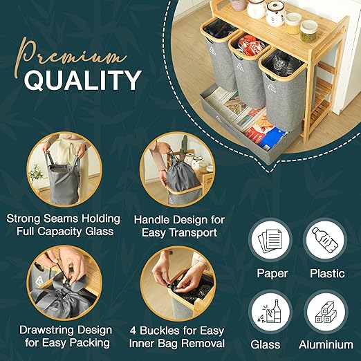 4 Section Recycling Bin for Kitchen – Trash and Recycle Bin Combo for Paper, Plastic, Cans – Indoor Recycling Station – Large Kitchen Trash Can – Office Trash and Recycle Bin Organizer