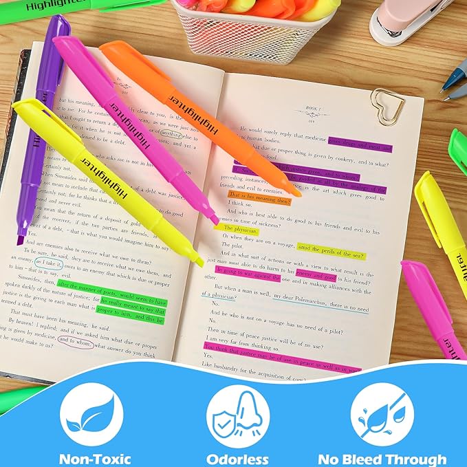 KIZZYEA 60 Pack Highlighters in 6 Assorted Colors, Chisel Tip Dry-Quickly Highlighters Bulk, No Bleed Highlighter Markers for Adult Kids, School Supplies for Teachers, Office Classroom Must Have