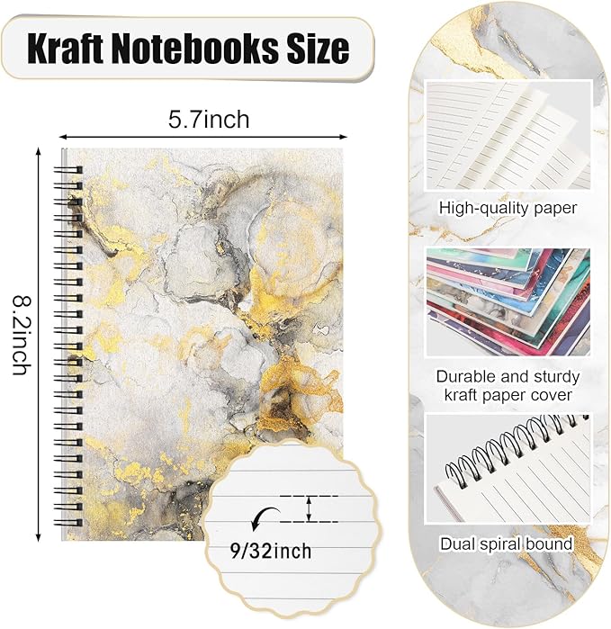 Fuutreo 12 Pcs Spiral Notebook for Work A5 8.3 x 5.7 Inch College Ruled Spiral Journal Notebook Kraft Cover Ruled Paper, 12 Color, 60 Sheets, 120 Pages for Office School(Marble Pattern)