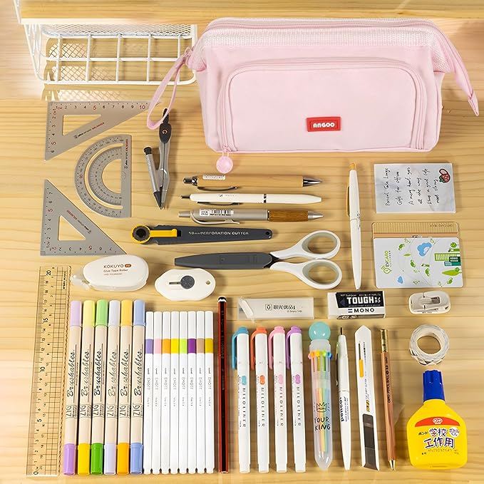 MAMUNU Pencil Case Pouch Large Capacity with Compartments, Pencil Case Pouch Bag with Zipper Handle for Teen Girls Adults Women, Portable Pen Bag Stationery Organizer for Office School Travel, Pink