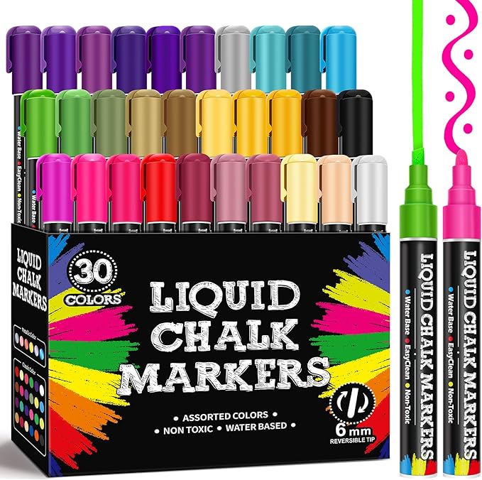 30 Pack Liquid Chalk Markers for Blackboard, Dry Erase Markers Pens for Chalkboard Calendar Window Car Glass, 6mm Reversible Tip, Dust-Free Chalk Pens for School Kids Bistro Businesses Restaurants