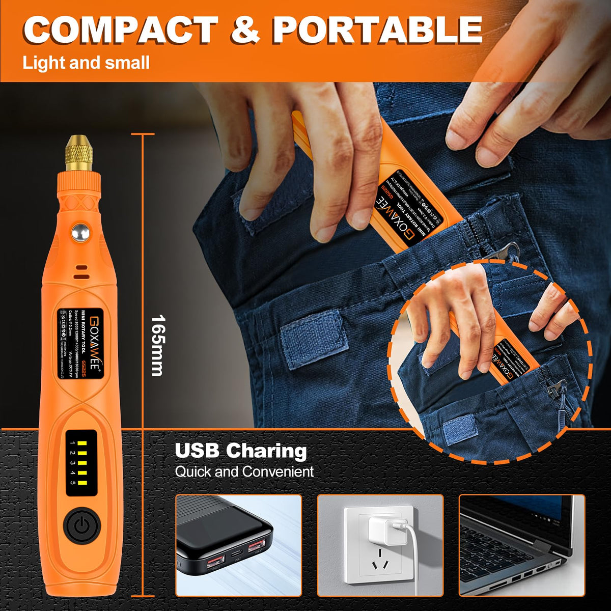GOXAWEE Mini Cordless Rotary Tool Kit with 105pcs Accessories, USB Charging 5-Speed 18000rpm Multi-Purpose Art Craft Tool with 3.7V Li-ion Battery for Handmade Crafting and DIY Creations