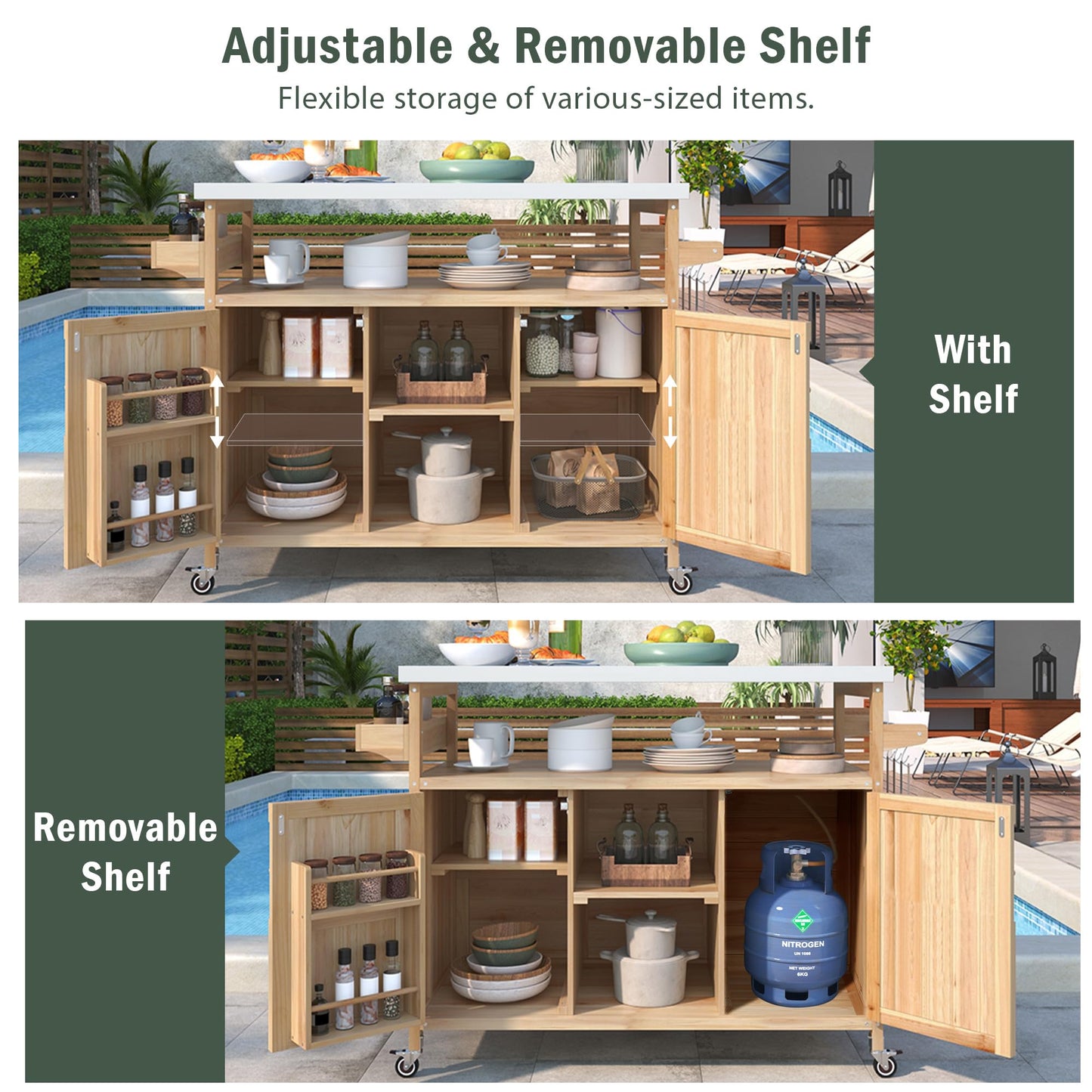Merax 50" Outdoor Kitchen Grill Cart Island on Wheels with Stainless Steel Top,Farmhouse Style Solid Wood Frame Storage Cabinet for Patio
