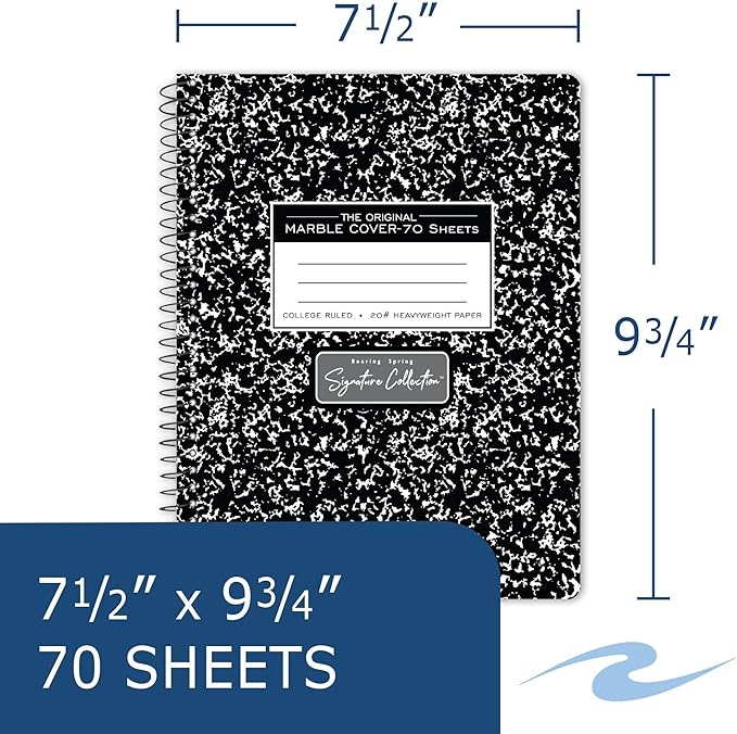 ROARING SPRING Signature Collection College Ruled Spiral Wirebound Composition Book, 9.75" X 7.5" 70 Sheets, Black Marble Cover