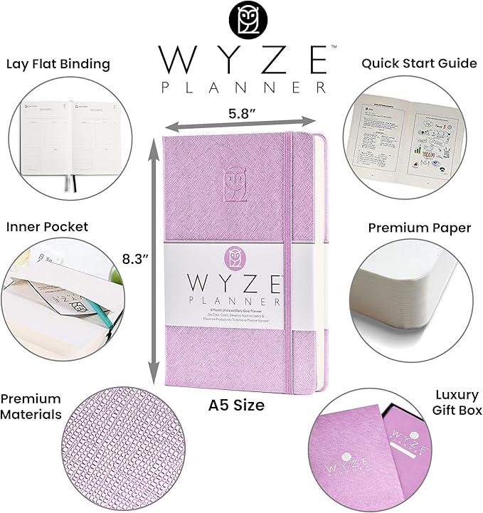 Undated Daily Planner – 6-Month A5 Productivity Organizer with Full Page Per Day, Hourly Schedule, Goal Setting, Habit Tracker, Weekly & Monthly Pages – Hardcover Time Management Notebook (Lilac)