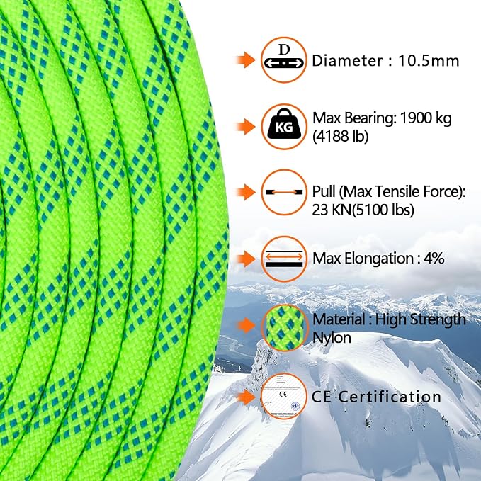 AOLEBA 10.5 mm Static Climbing Rope 10M(32ft) 20M(64ft) 30M(96ft) 50M(160ft) 70M(230ft) Outdoor Rock Climbing Rope, Escape Rope Ice Climbing Equipment Fire Rescue Parachute Rope