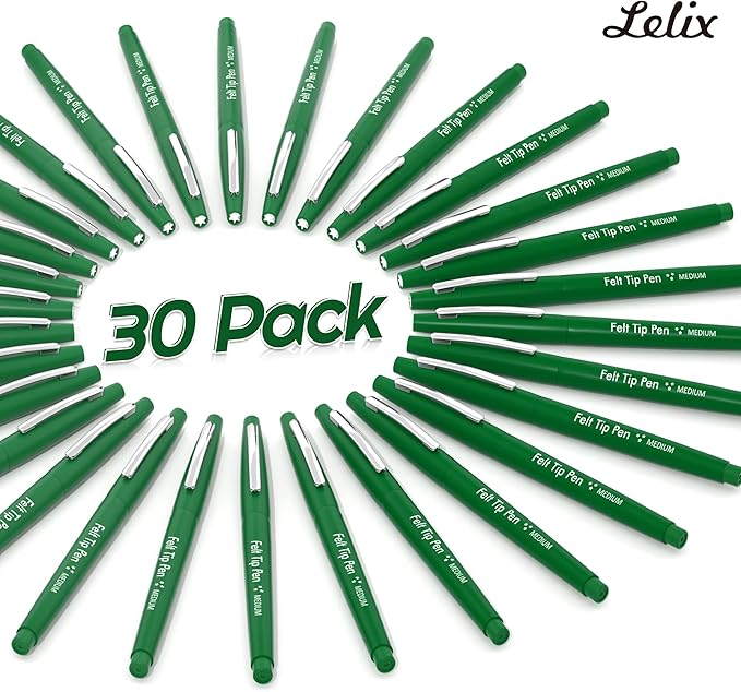 Lelix Felt Tip Pens, 30 Green Pack, 0.7mm Medium Point, Felt Tip Markers Pens for Journaling, Writing, Note Taking, Planner, Perfect for School Office and Art Supplies