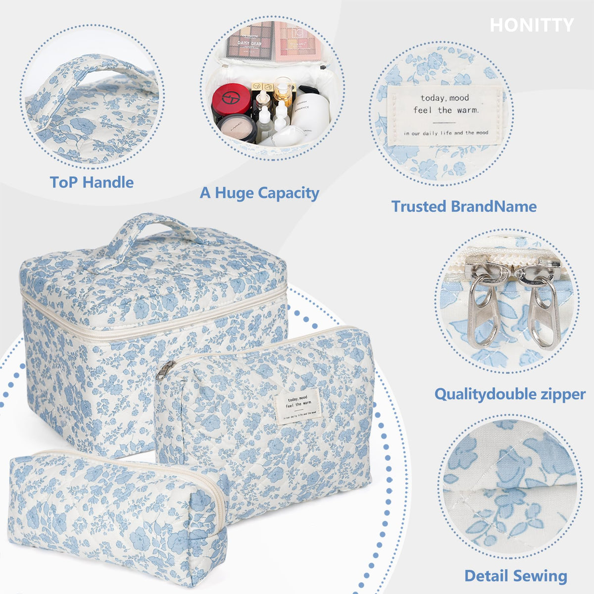Makeup Bag,Quilted Cosmetic Bag,Large Floral Make Up Bag for Women,Cotton Makeup Bag Set,Flower Travel Toiletry Bag