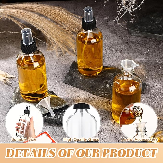 Norme 12 Pcs 8 oz Glass Spray Bottles with Funnels and Labels Refillable Cosmetic Empty Spray Bottles with Sprayer Containers for Essential Oil Cleaning Solutions(Clear,Stylish)