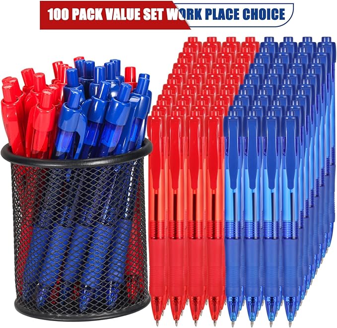 deegtran Pens Bulk, 100 Pack No Bleed Blue & Red Ink Click Pens with Soft Grip, Wholesale Retractable Ballpoint Pens for Office School, Medium Point Smooth 1.0MM