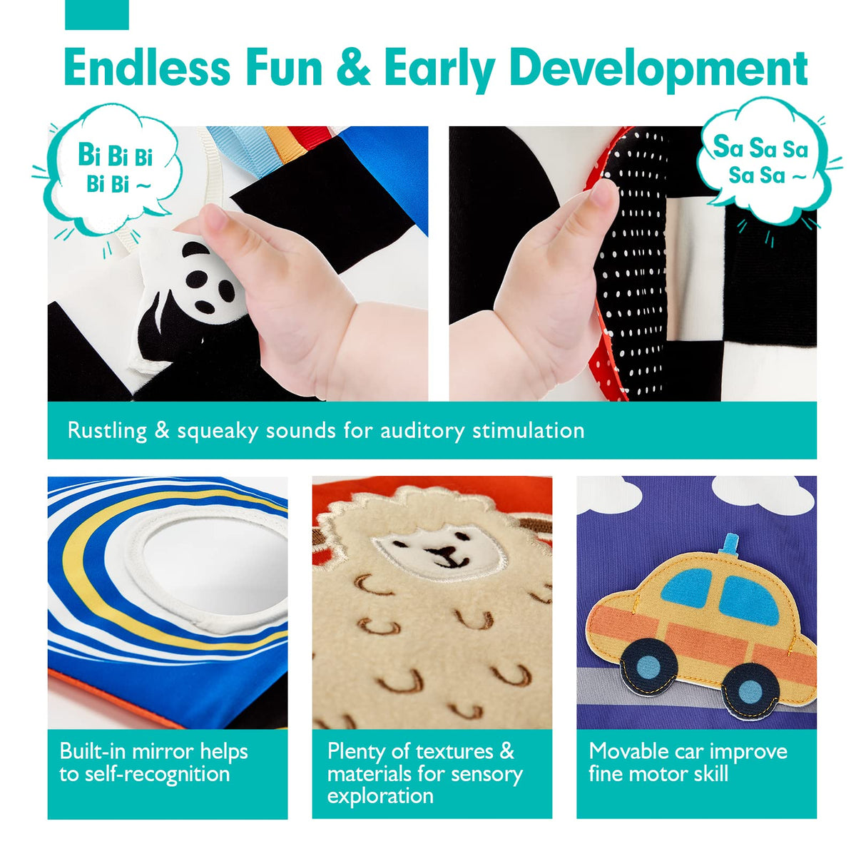 hahaland Baby Toys 0-6 Months - High Contrast Newborn Toys - Baby Tummy Time Books 0-6 Months with Crinkle, Squeaky Sounds, Touch Feel, Visual Stimulation - Baby Shower Gifts