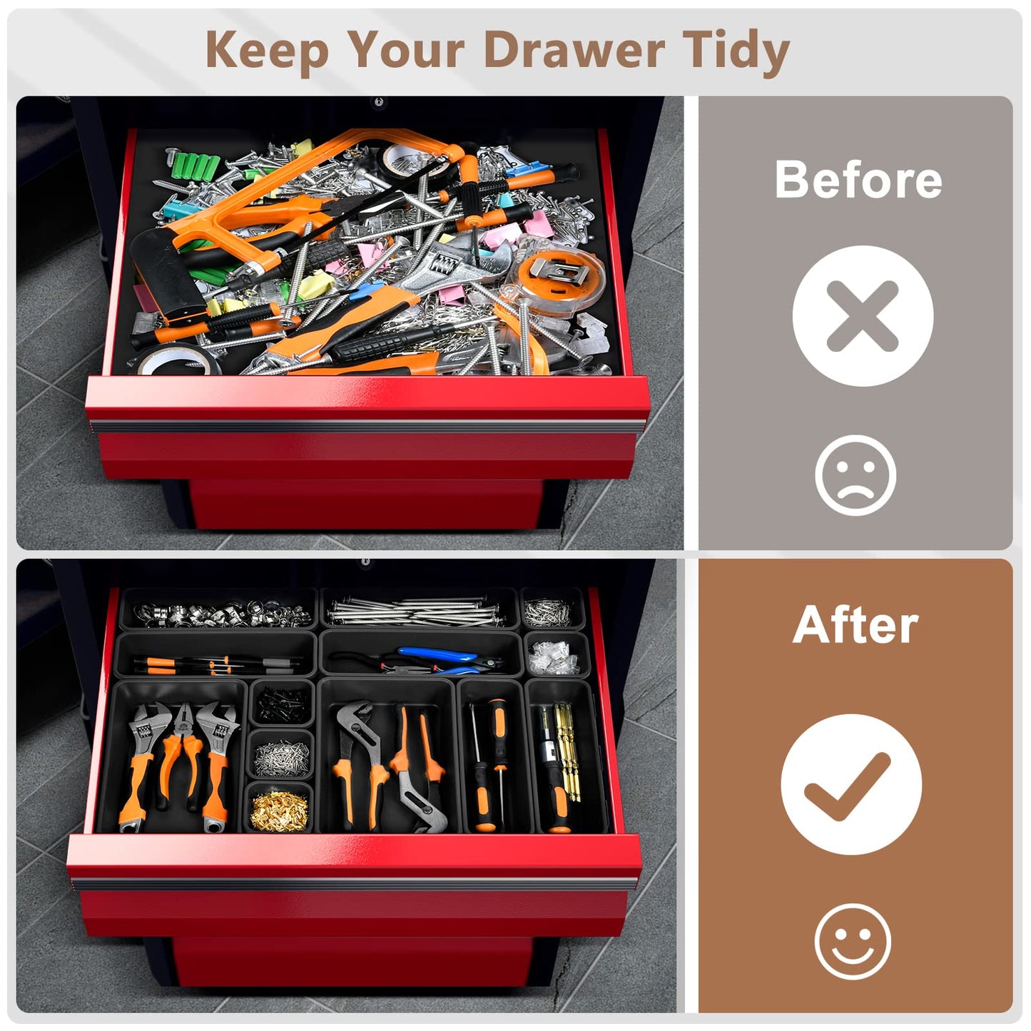 【More Larger Size】A-LUGEI【69 PCS-5 Size】 Tool Box Organizer Tray Divider Set【Black】 Desk Drawer Organizer Bin, Socket Organization and Storage Toolbox for Rolling Tool Chest Cart WorkBench Part Widget