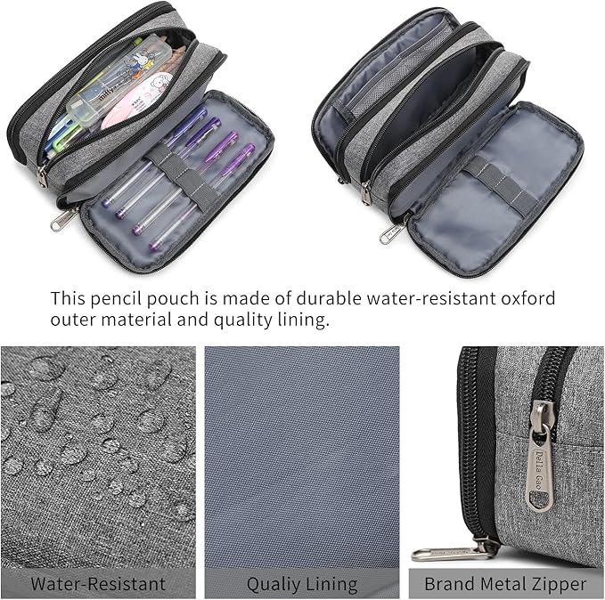 Della Gao Big Capacity Pencil Case, Aesthetic Pencil Pouch with 3 Compartments Large Pencil Bag Nylon Storage Pen Bag Office Stationery Organizer for Women and Men - Grey