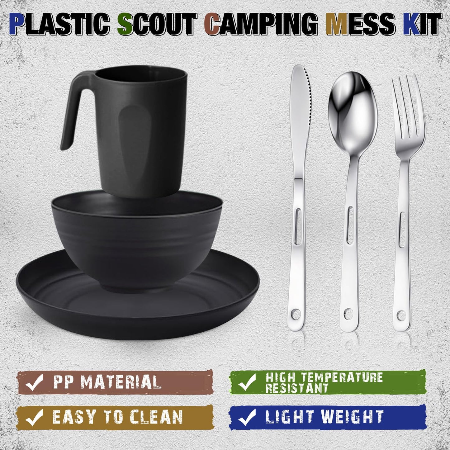 Scout Camping Mess Kit for Person Boy Scout Dishes Set Girl Scout Mess Kit with Mesh Bag Reusable Light Weight Eating Utensils Plastic Camping Cutlery Set for Travel Camp (2, 2 Person Black)