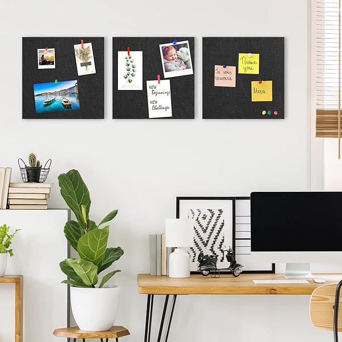 AKTOP Cork Board Bulletin Board 12x12, 1/2" Thick Felt Cork Board Tiles 6 Pack, Small Square Pin Board for Wall, Self Adhesive Corkboards with 60 Push Pin Wood Clips for School, Home & Office, Black