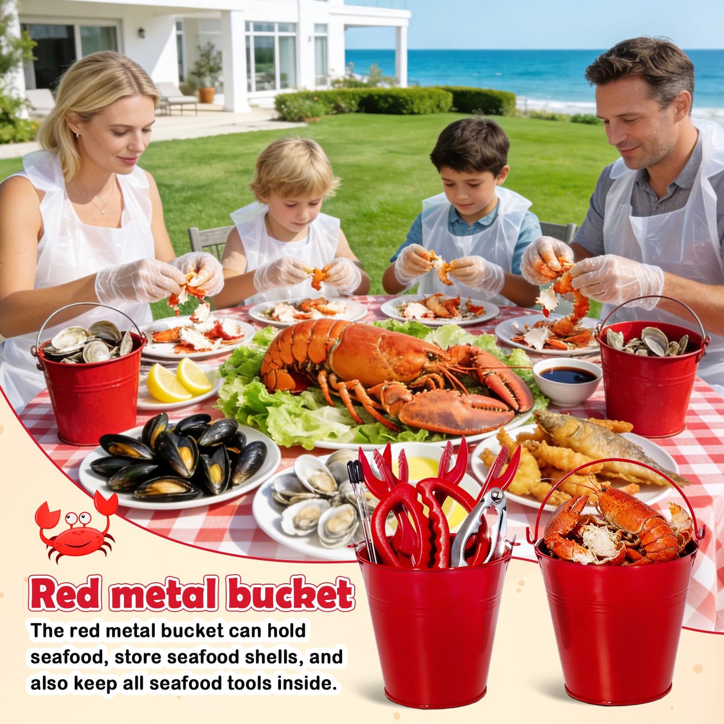 25 Pcs Seafood Tools Set, Crab Crackers and Accessories with Metal Bucket Crab Scissors Shellfish Forks Bibs Gloves and Tablecloth for Seafood Boil Party Supplies Festival Summer BBQ Picnic Birthday