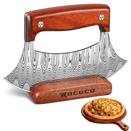 ROCOCO Pizza Cutter Ulu Knife – Full Tang Mezzaluna Rocker Knife with Wood Block for Kitchen Birthday Gifts for Men Women